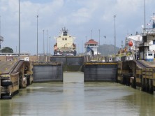 A ship is about 10 metres above sea level being floated up to next lock.